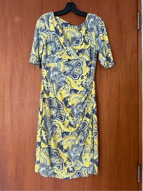Vintage Lauren Ralph Lauren Yellow and Navy Paisley Wrap-Style Midi Dress